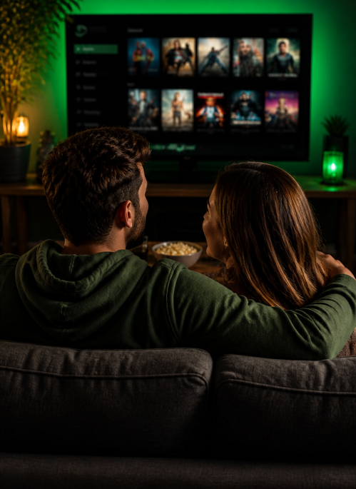 voodoo streams iptv couple watching tv at home green ambient lighting streaming service